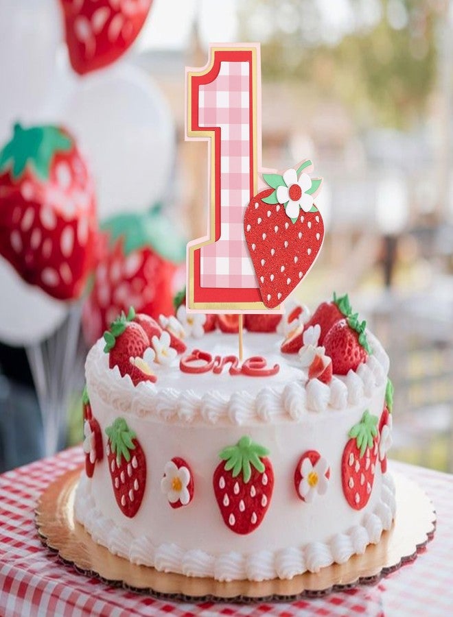 LINGANA Berry 1st Birthday Cake Topper - Strawberry One Birthday Decorations,Red Berry Sweet Party Photo Props,First Strawberry Cake Topper,Summer Fruit Party Decorations - Image 1